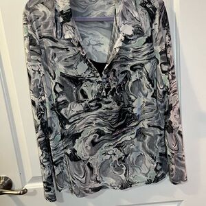 Women’s Black & White Mixed Graphic Button Down Shirt with Removable Black Cami